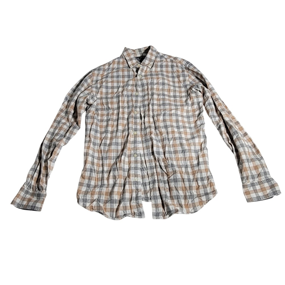 Banana Republic Luxe Flannel Slim Fit Shirt Mens Medium Tan Grey Plaid Cotton